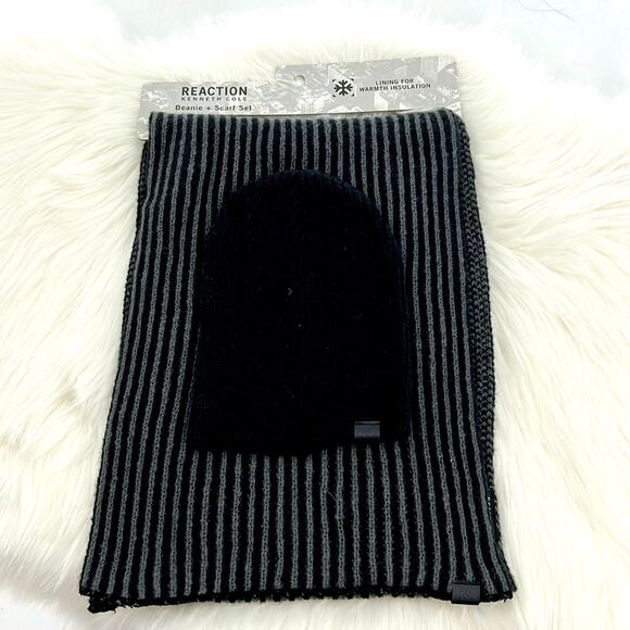 Kenneth Cole Reaction Men's Beanie & Scarf Set - Black/Gray - New with tags - Picture 1 of 5